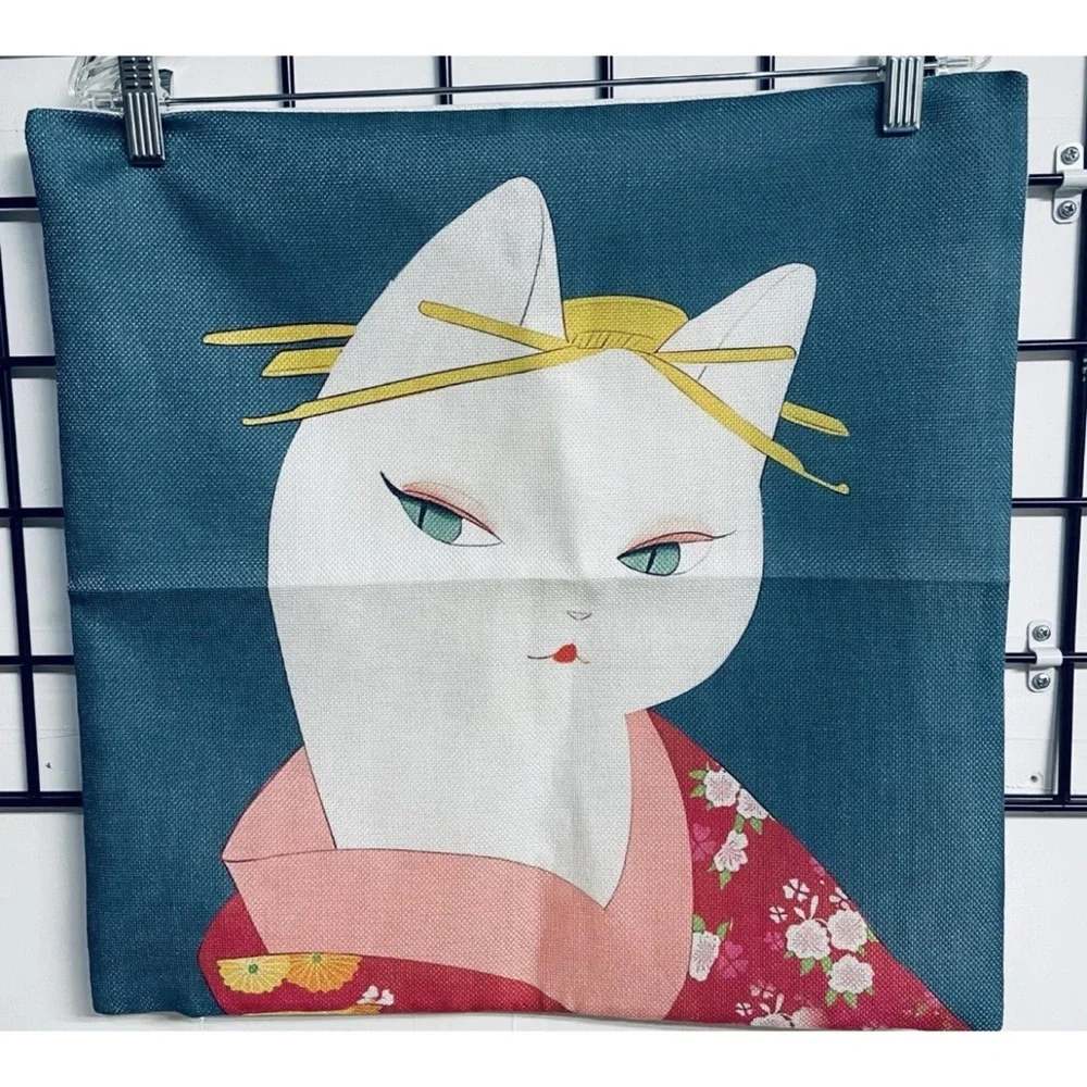 Geisha Girl Cat Fabric Pillowcase Hand Crafted Zipper Closure 17.5